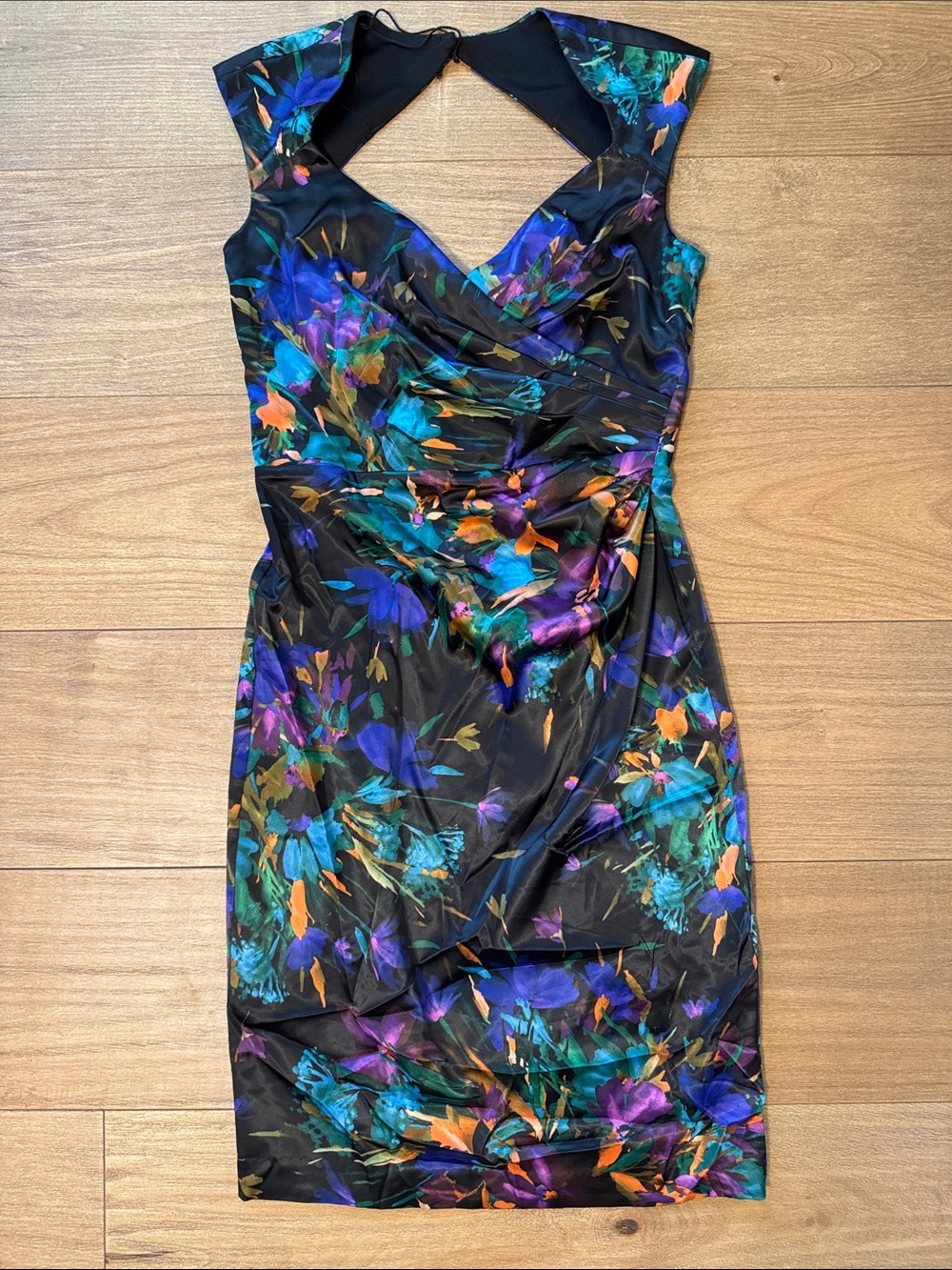 London Style Black Midi Dress with Teal, Satin Purple & Orange Floral Print